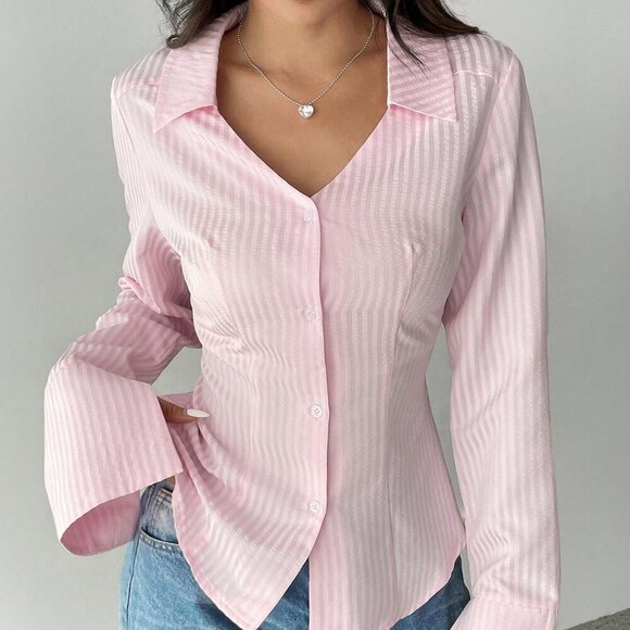 Pink Casual Women's Striped Print Front Button Long Sleeve Shirt - Picture 3 of 6